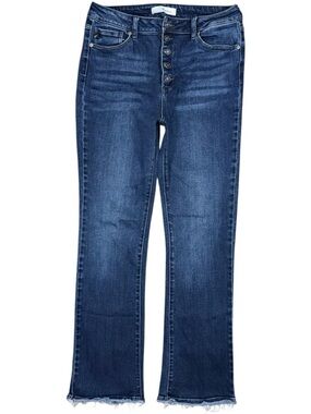 KanCan Rainn Ultra High Rise Flare Jeans Dark Blue Wash Womens 15 / 31 Raw Hem